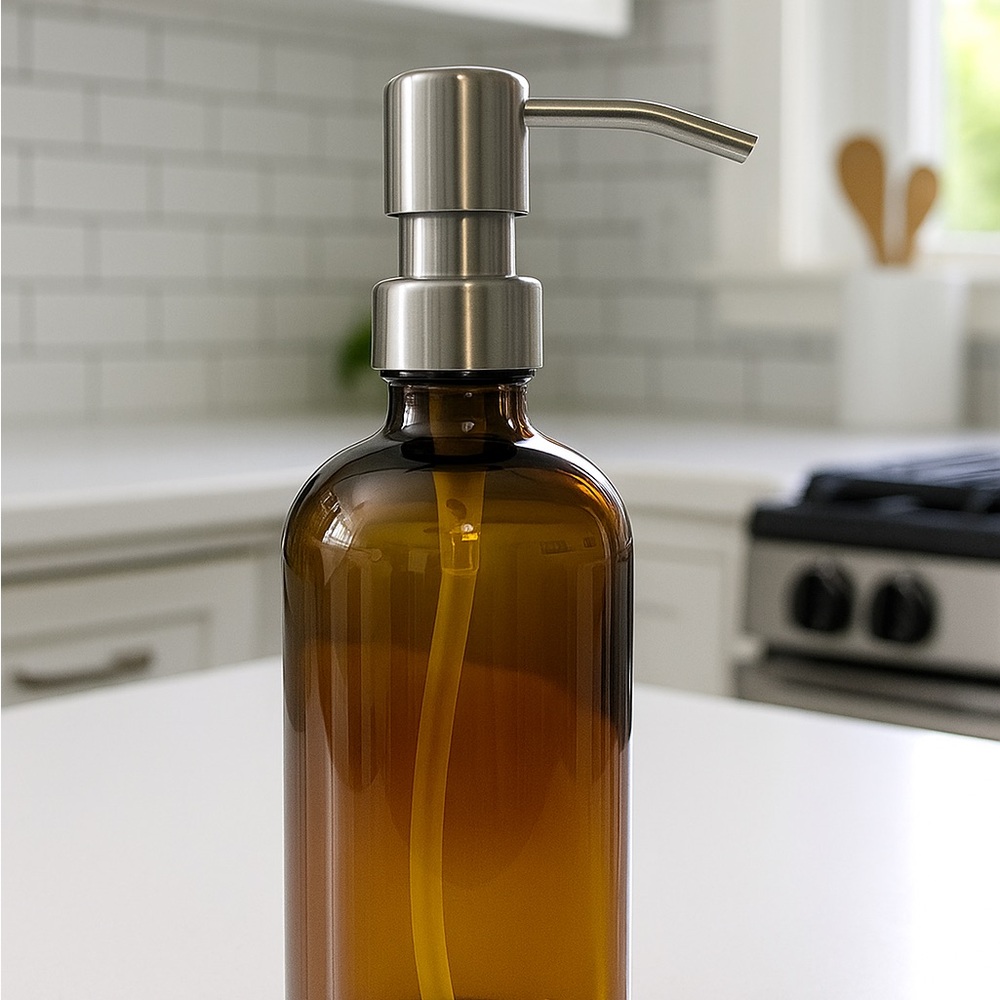 SET OF 2: 16 OZ. GLASS SOAP DISPENSERS W/ METAL PUMP (AMBER GLASS/SILVER…